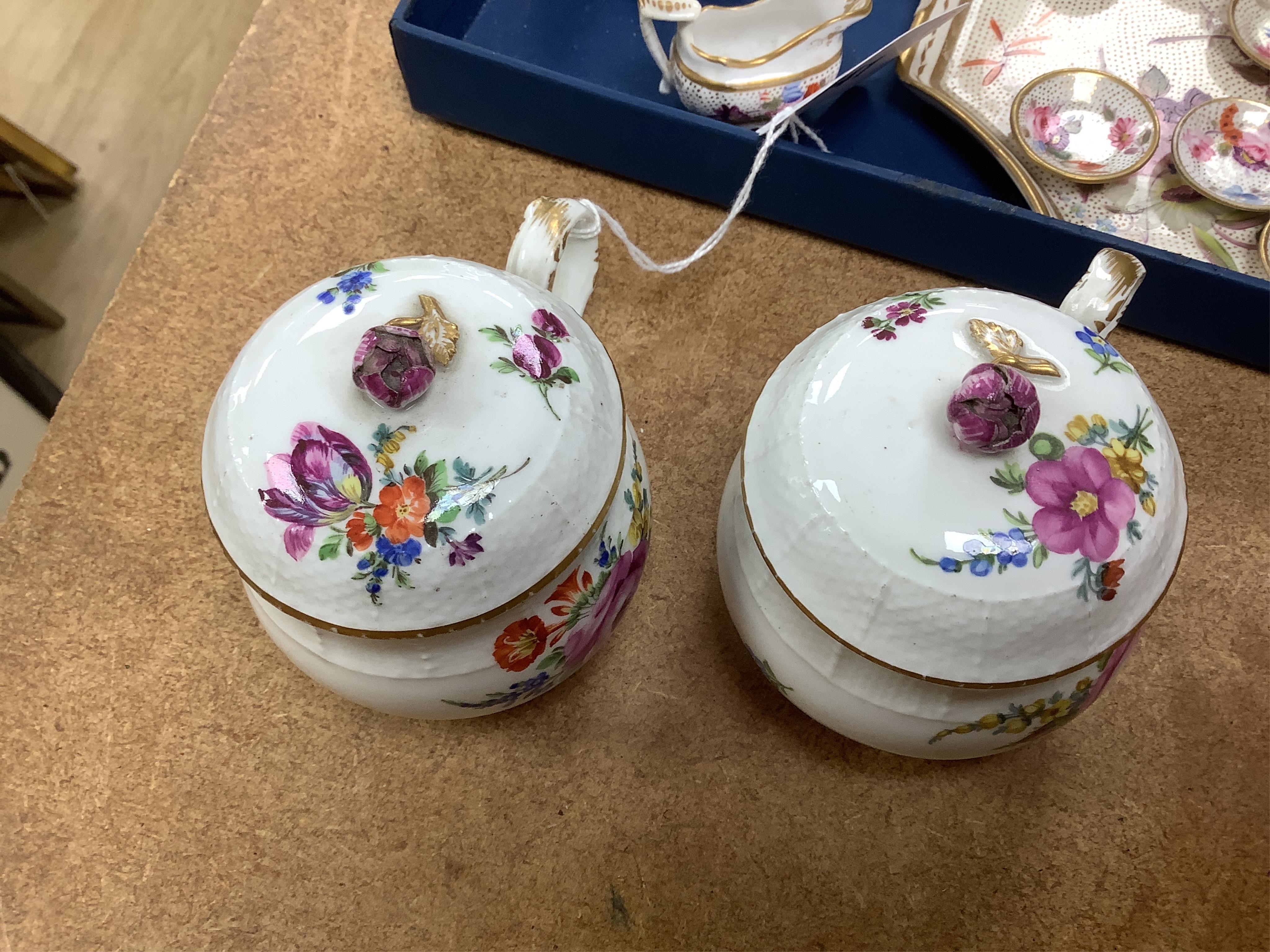 A pair of Meissen Marcolini period floral custard cups & covers together with an early 19th century English porcelain miniature tea set on tray, largest 20cm wide